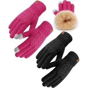 ⚡Women & Men Black+Rose Pink Touch Screen‎ Warm Thick Fleece Lined Knit Gloves